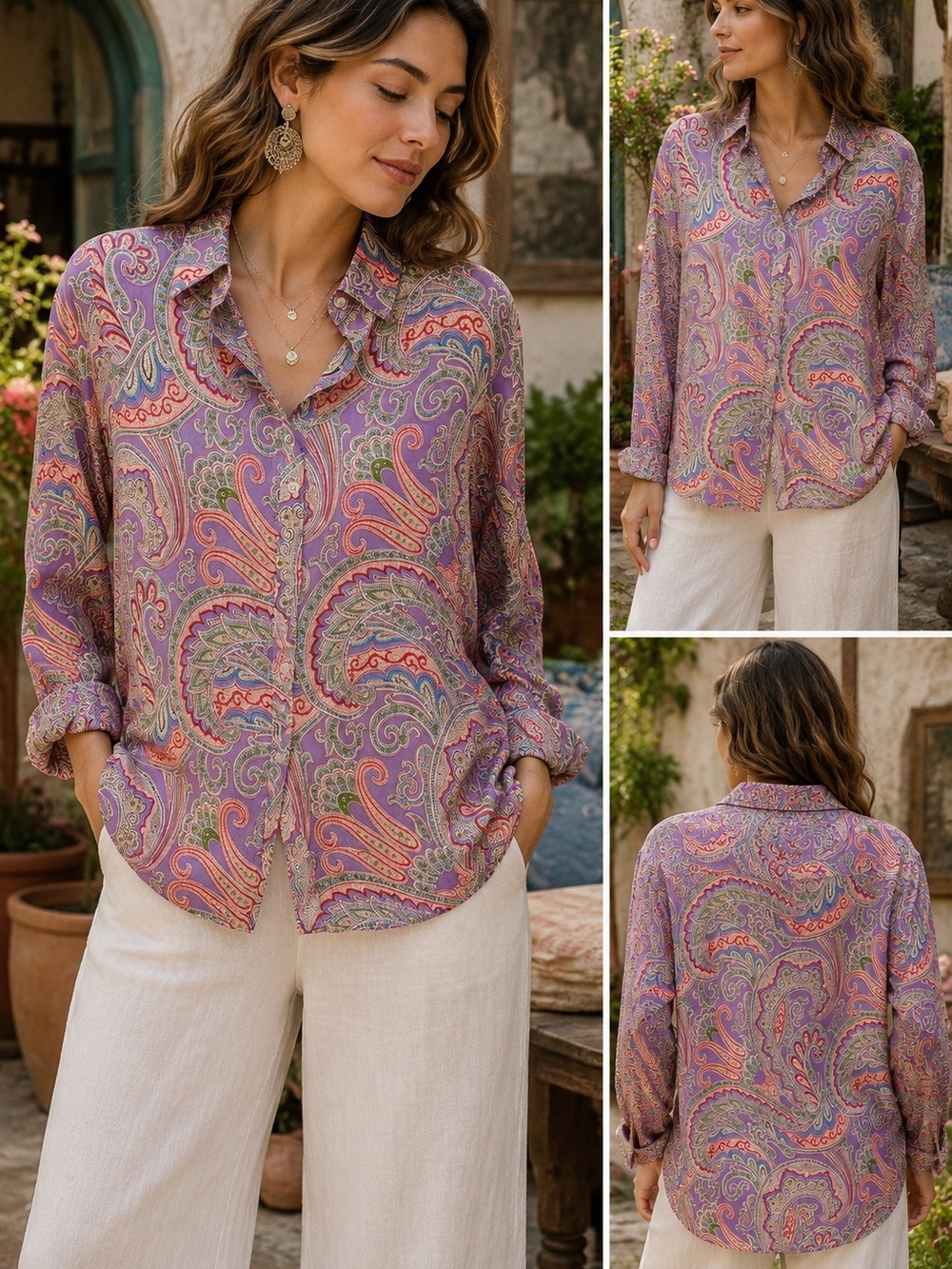 Lauren Ralph Lauren Women's P/Small Paisley 100 Linen Button-Up Blouse #1108CL